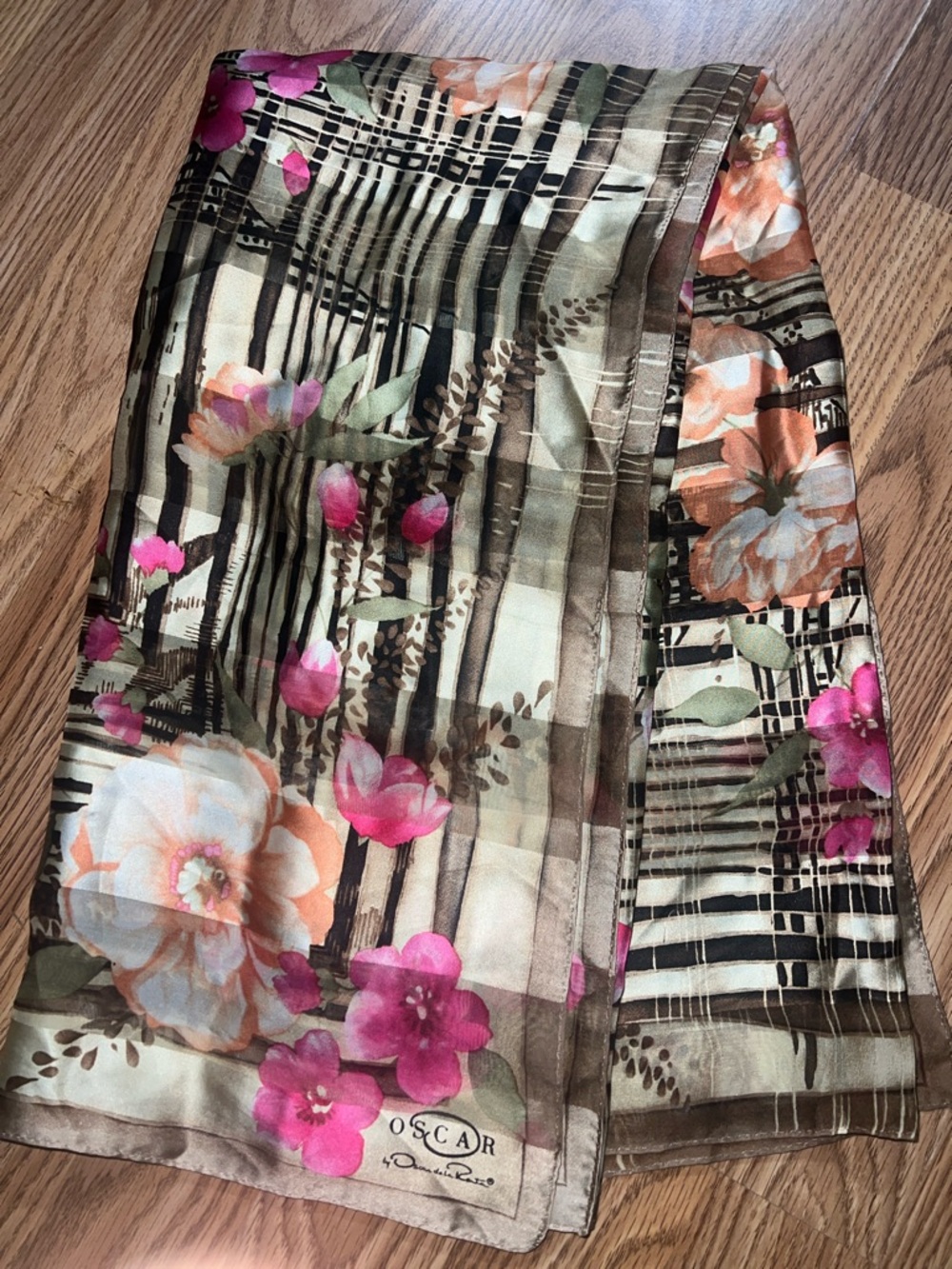 Oscar de la Renta Silk Floral Scarf in Pink, Peach & Olive